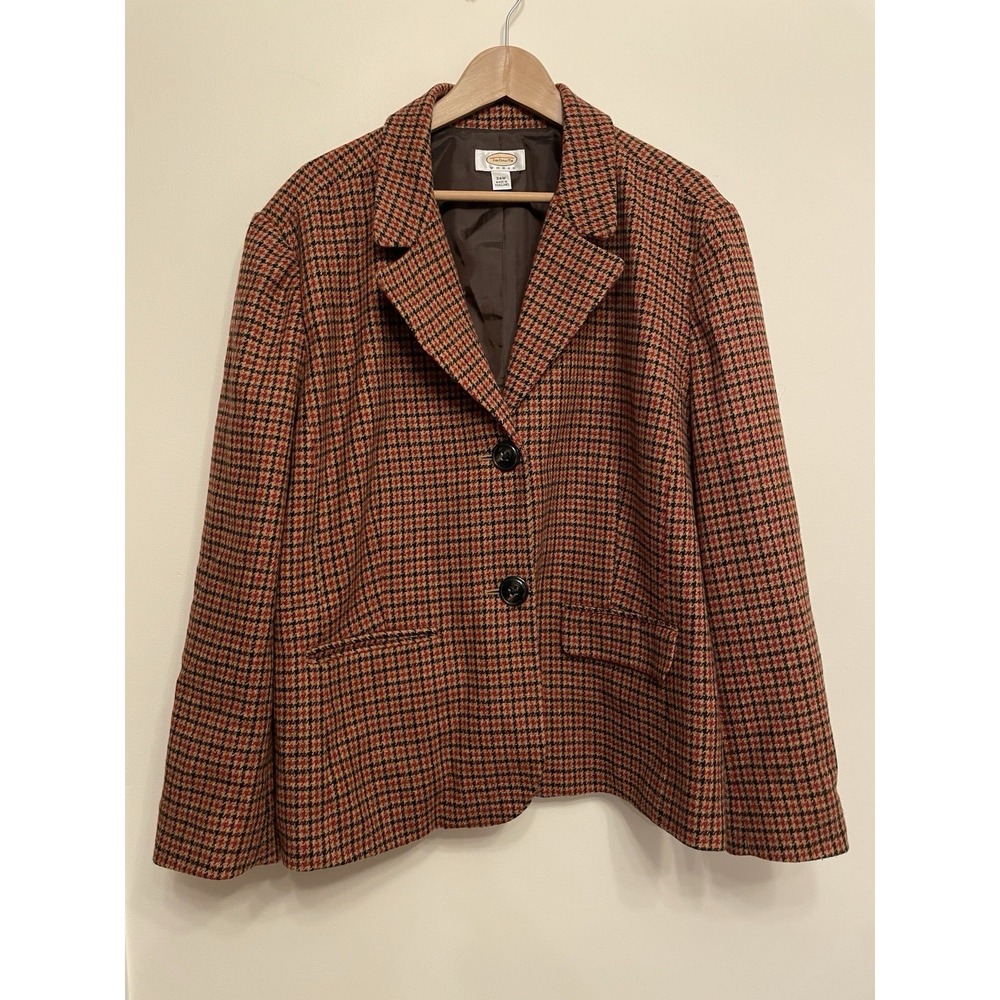 Talbots Houndstooth Blazer Jacket Women 24W Orange Red 100% Wool Lined‎ 2 Button